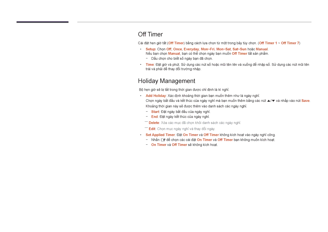 Samsung LH55UEDPLGC/XV, LH55UEDPLGC/XY, LH46UEDPLGC/XV, LH46UEDPLGC/XY manual Off Timer, Holiday Management 