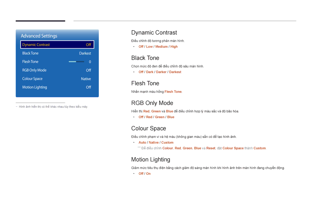 Samsung LH55UEDPLGC/XV manual Dynamic Contrast, Black Tone, Flesh Tone, RGB Only Mode, Colour Space, Motion Lighting 