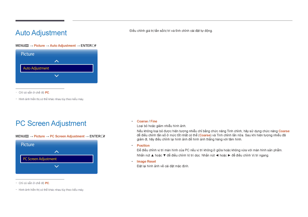 Samsung LH55UEDPLGC/XV, LH55UEDPLGC/XY, LH46UEDPLGC/XV, LH46UEDPLGC/XY manual Auto Adjustment, PC Screen Adjustment 