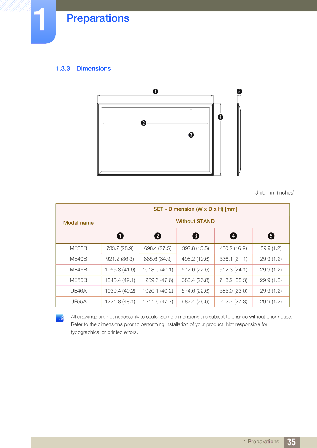 Samsung LH46UEAPLGC/XS, LH55UEPLGC/ZA, LH55UEAPLGC/EN manual Dimensions, SET Dimension W x D x H mm Model name Without Stand 