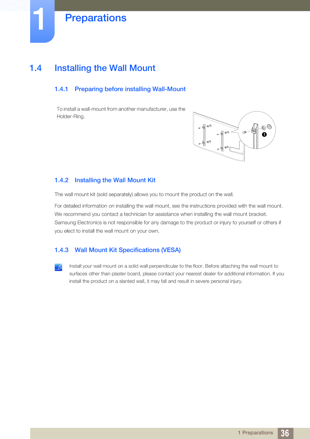 Samsung LH46UEAPLGC/XY, LH55UEPLGC/ZA manual Preparing before installing Wall-Mount, Installing the Wall Mount Kit 