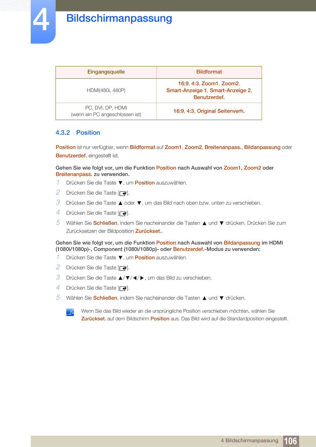 Samsung LH40MEBPLGC/EN, LH55UEPLGC/ZA manual Position, 169, 43, Zoom1, Zoom2, Smart-Anzeige 1, Smart-Anzeige, Benutzerdef 