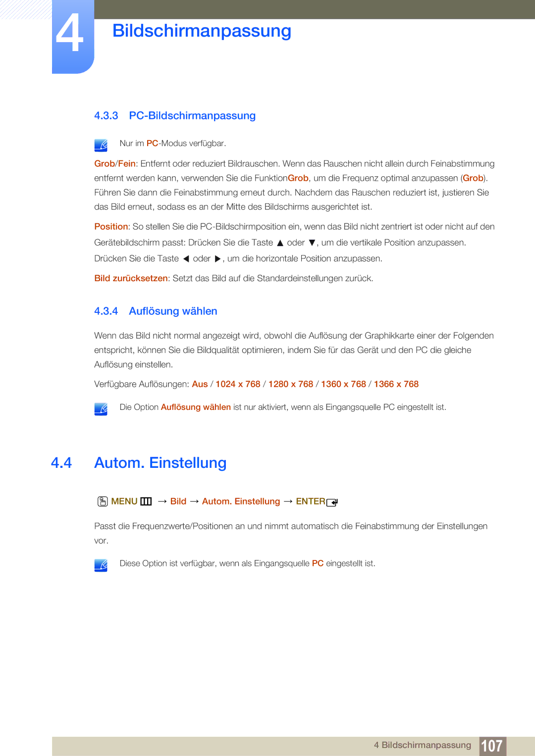 Samsung LH32MEBPLGC/EN, LH55UEPLGC/ZA PC-Bildschirmanpassung, Auflösung wählen, Menu m Bild Autom. Einstellung Enter 