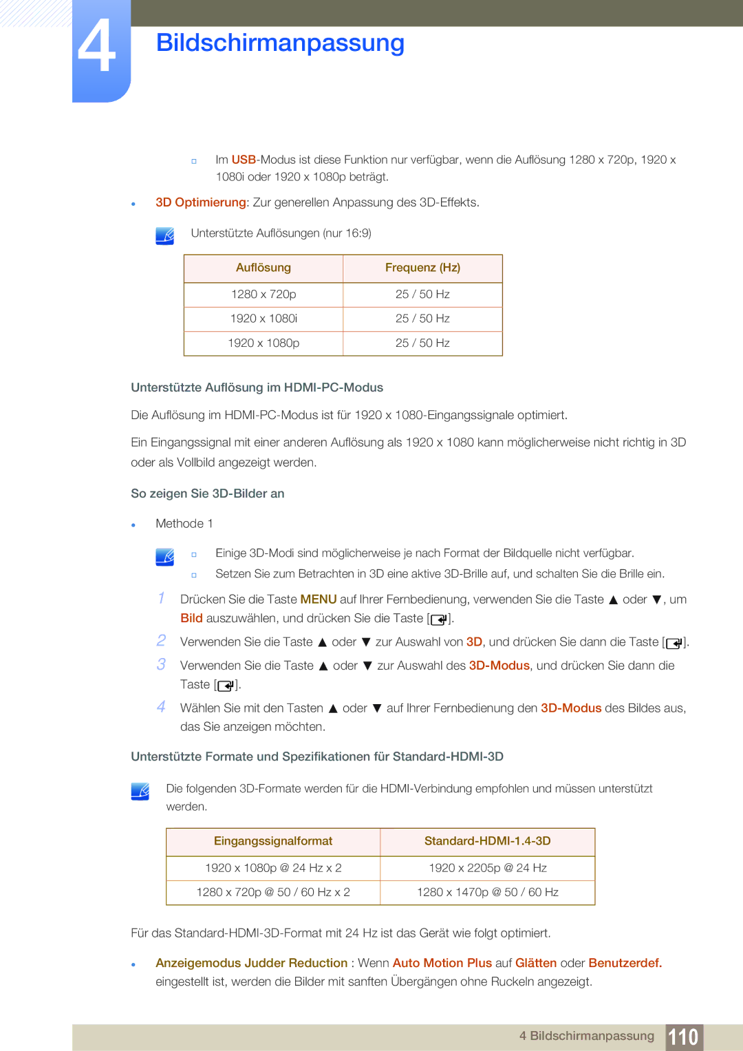 Samsung LH46UEPLGC/EN manual Auflösung Frequenz Hz, Unterstützte Auflösung im HDMI-PC-Modus, So zeigen Sie 3D-Bilder an 