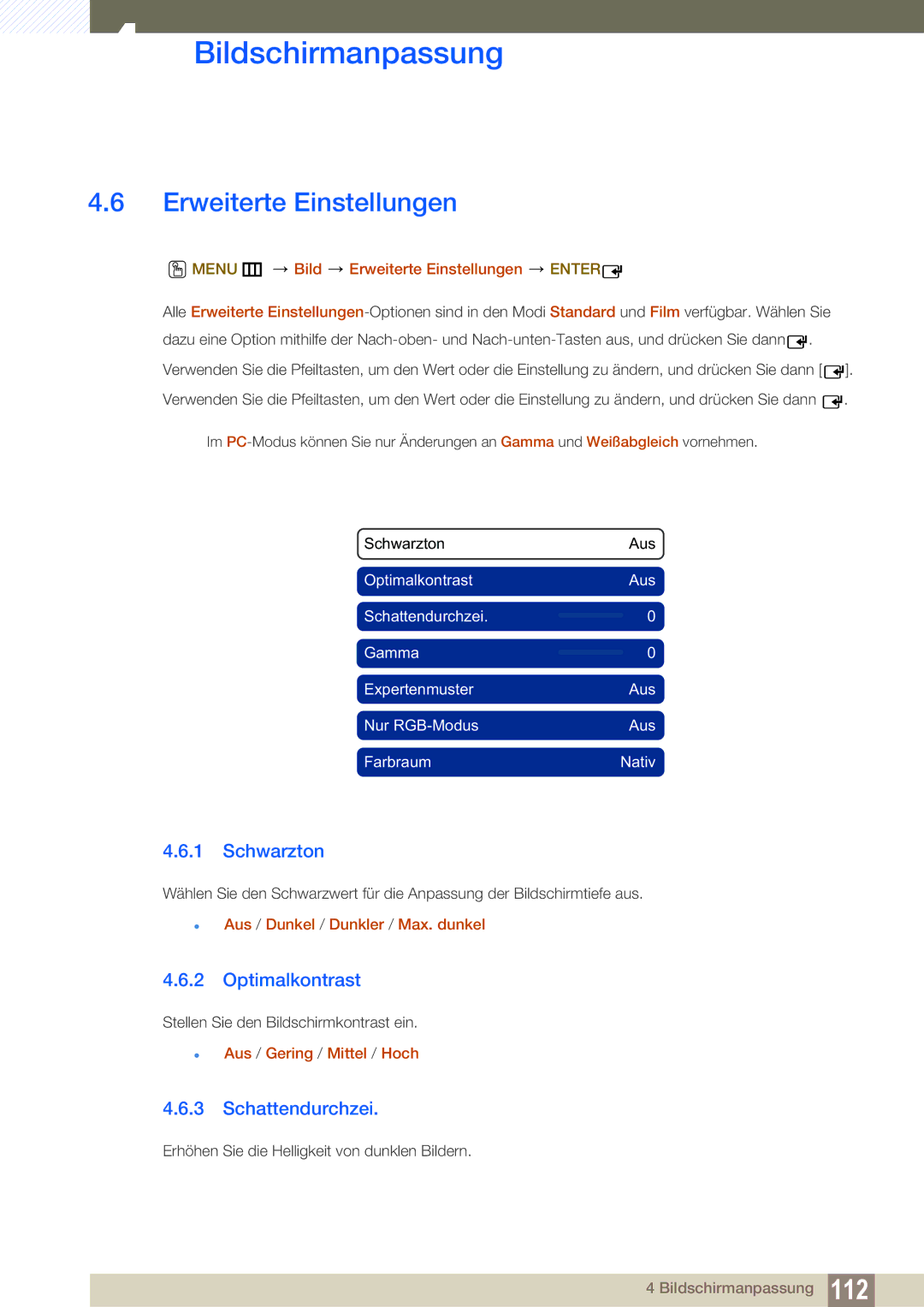 Samsung LH55UEPLGC/EN, LH55UEPLGC/ZA, LH46UEPLGC/EN Erweiterte Einstellungen, Schwarzton, Optimalkontrast, Schattendurchzei 