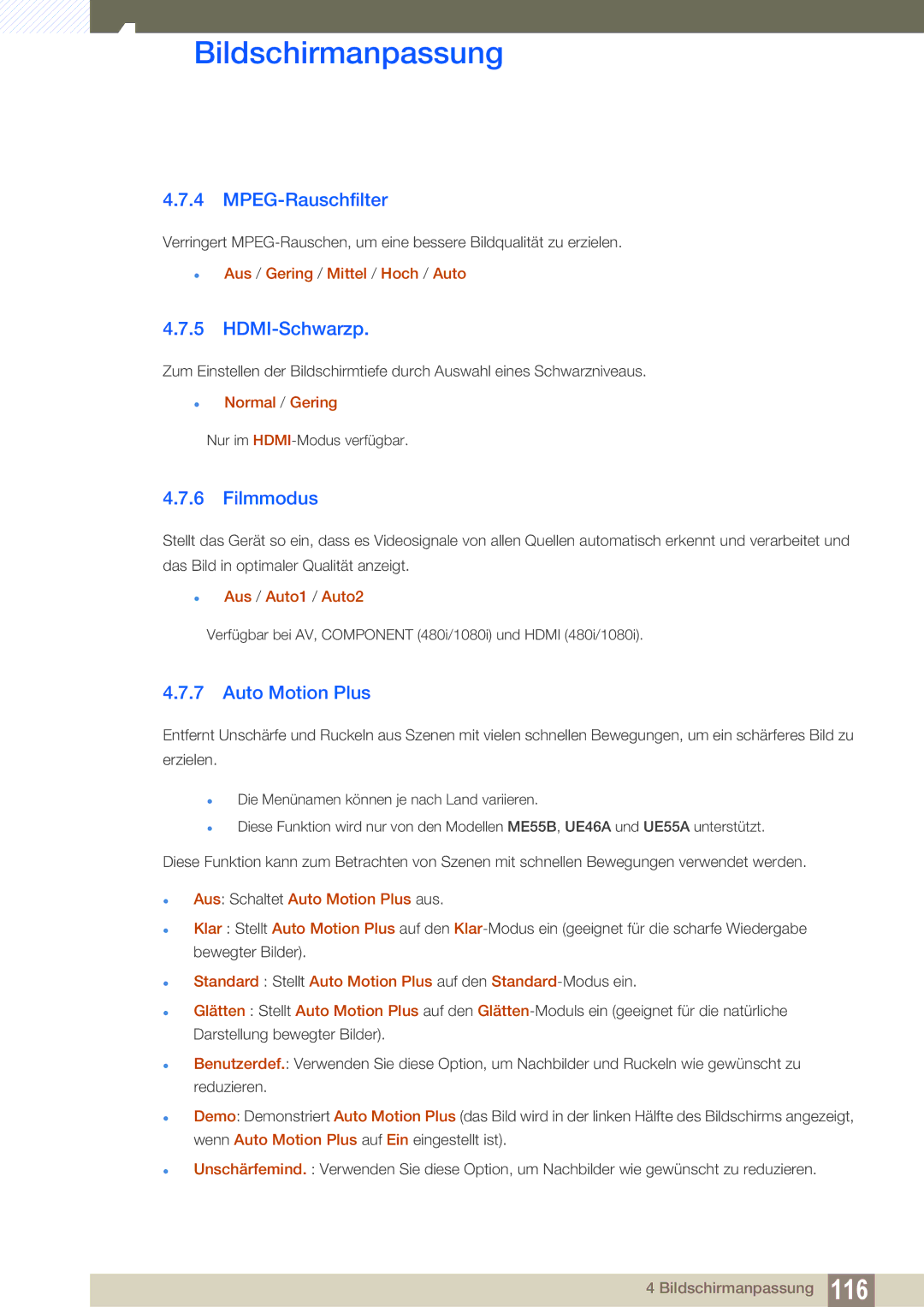Samsung LH32MEBPLGC/EN, LH55UEPLGC/ZA, LH55UEAPLGC/EN manual MPEG-Rauschfilter, HDMI-Schwarzp, Filmmodus, Auto Motion Plus 
