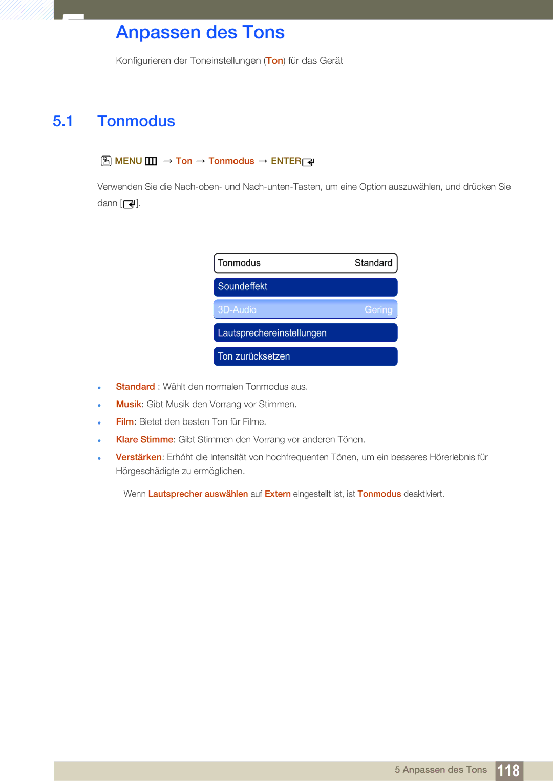 Samsung LH55UEAPLGC/EN, LH55UEPLGC/ZA, LH46UEPLGC/EN, LH55MEBPLGC/EN manual Anpassen des Tons, Menu m Ton Tonmodus Enter 