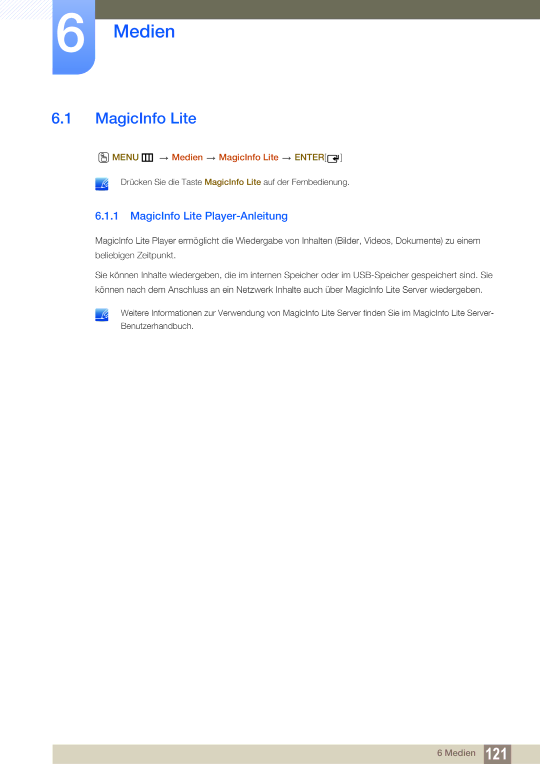 Samsung LH55UEPLGC/EN, LH55UEPLGC/ZA manual MagicInfo Lite Player-Anleitung, Menu m Medien MagicInfo Lite Enter 