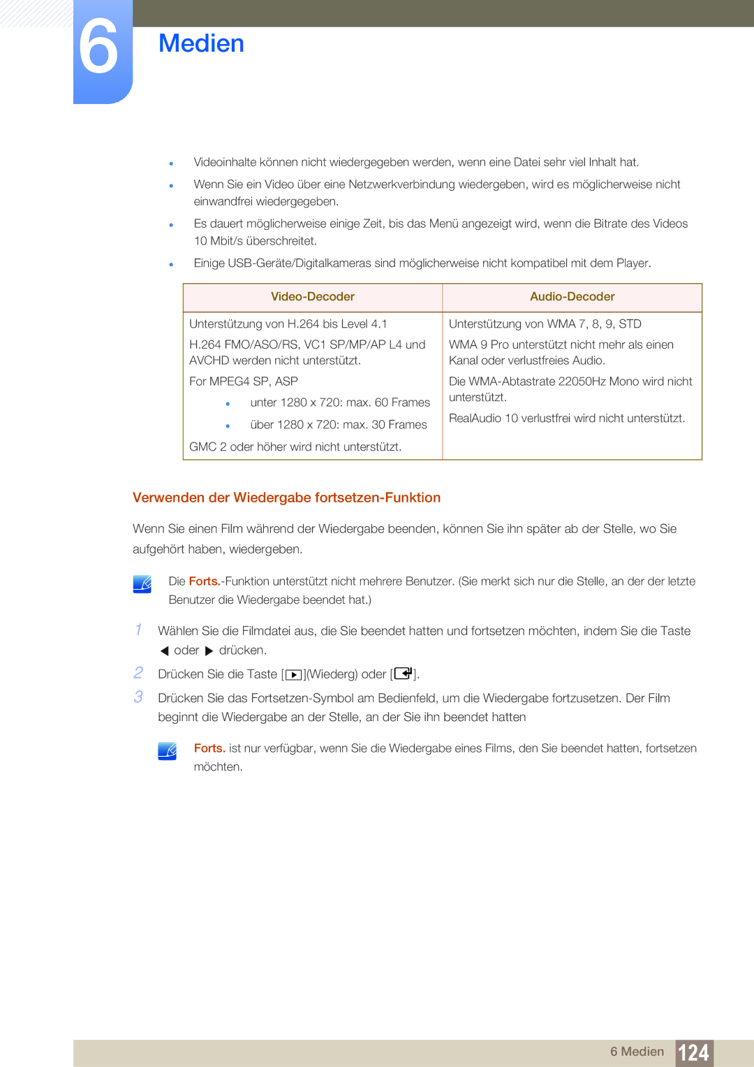 Samsung LH40MEBPLGC/EN, LH55UEPLGC/ZA manual Verwenden der Wiedergabe fortsetzen-Funktion, Video-Decoder Audio-Decoder 