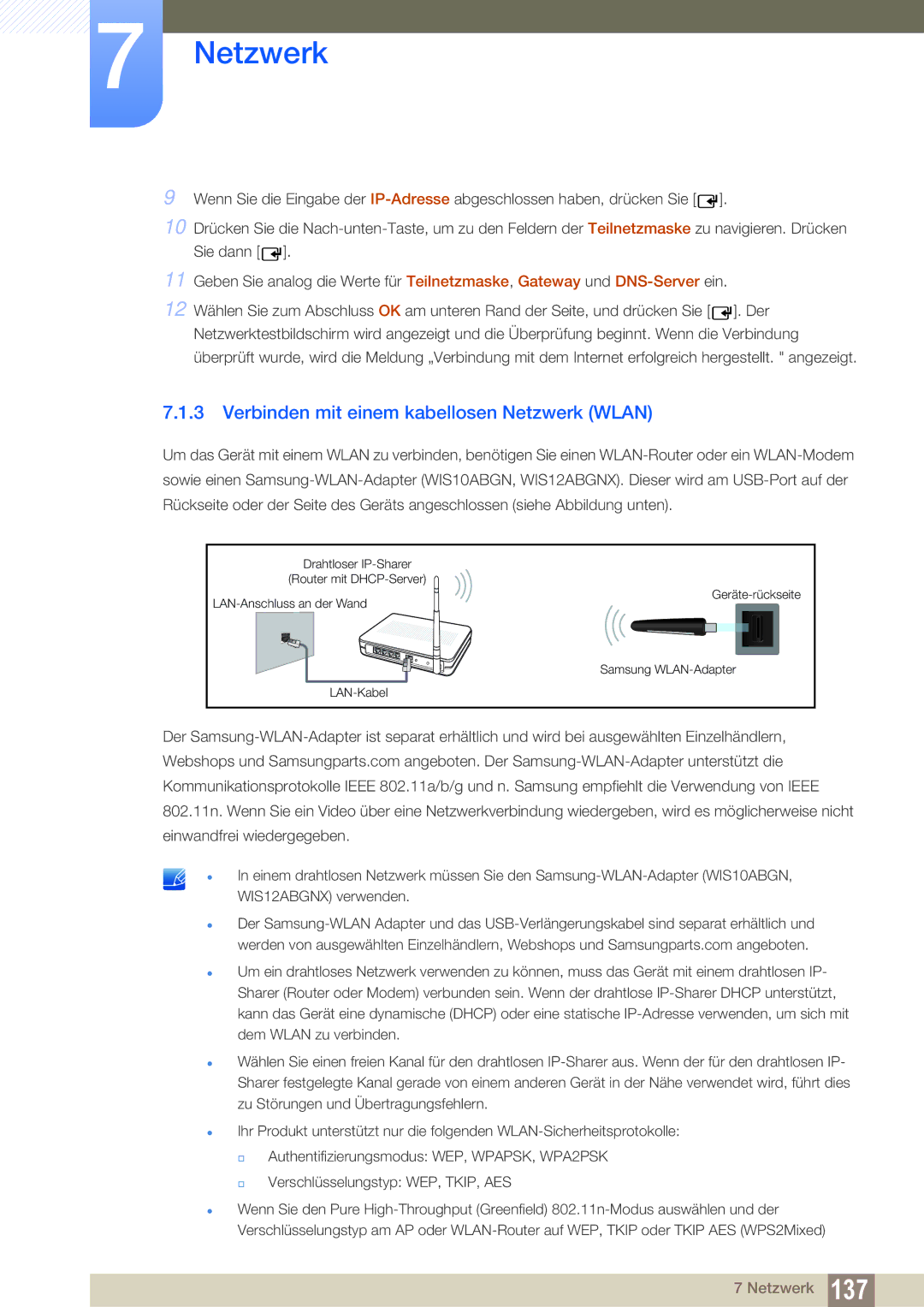 Samsung LH46UEPLGC/EN, LH55UEPLGC/ZA, LH55UEAPLGC/EN, LH55MEBPLGC/EN manual Verbinden mit einem kabellosen Netzwerk Wlan 