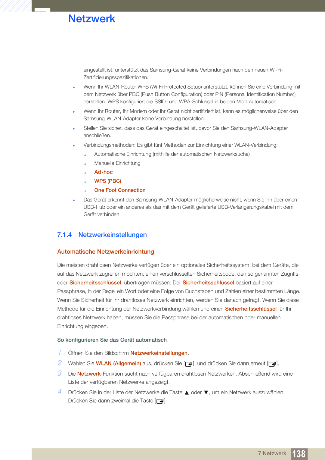 Samsung LH55MEBPLGC/EN, LH55UEPLGC/ZA, LH55UEAPLGC/EN, LH46UEPLGC/EN manual Netzwerkeinstellungen, Ad-hoc, One Foot Connection 