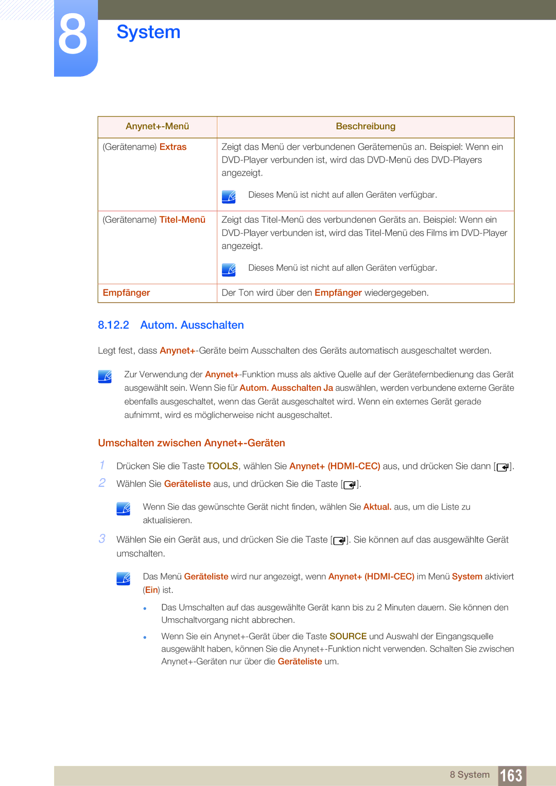 Samsung LH55UEAPLGC/EN, LH55UEPLGC/ZA, LH46UEPLGC/EN Autom. Ausschalten, Umschalten zwischen Anynet+-Geräten, Empfänger 