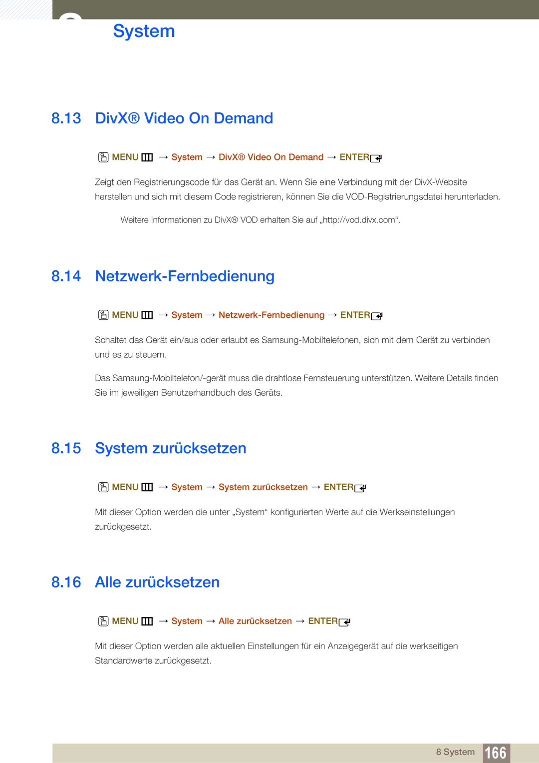 Samsung LH55UEPLGC/EN, LH55UEPLGC/ZA DivX Video On Demand, Netzwerk-Fernbedienung, System zurücksetzen, Alle zurücksetzen 