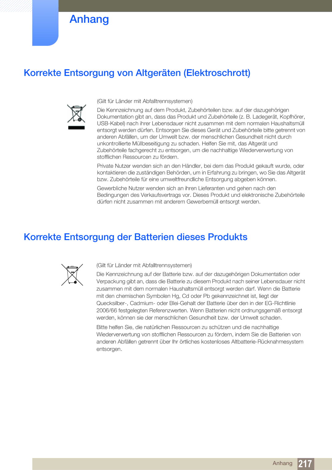 Samsung LH55UEAPLGC/EN, LH55UEPLGC/ZA, LH46UEPLGC/EN, LH55MEBPLGC/EN manual Korrekte Entsorgung von Altgeräten Elektroschrott 