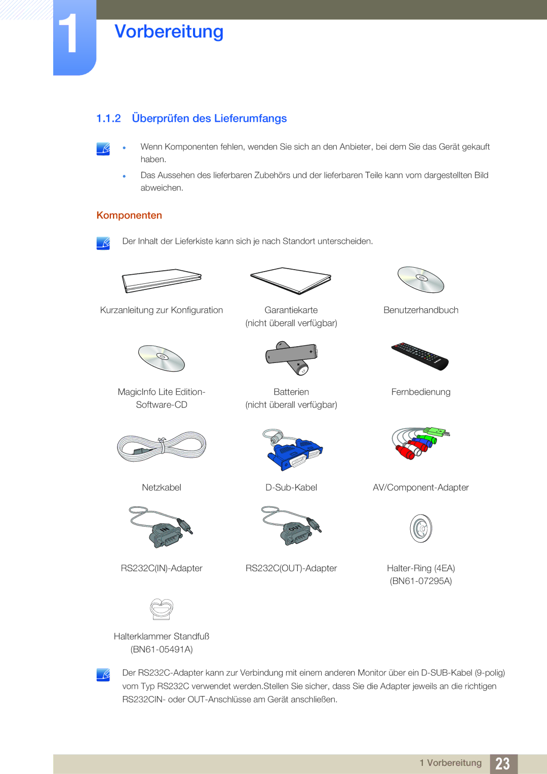 Samsung LH46UEAPLGC/EN, LH55UEPLGC/ZA, LH55UEAPLGC/EN, LH46UEPLGC/EN manual 2 Überprüfen des Lieferumfangs, Komponenten 