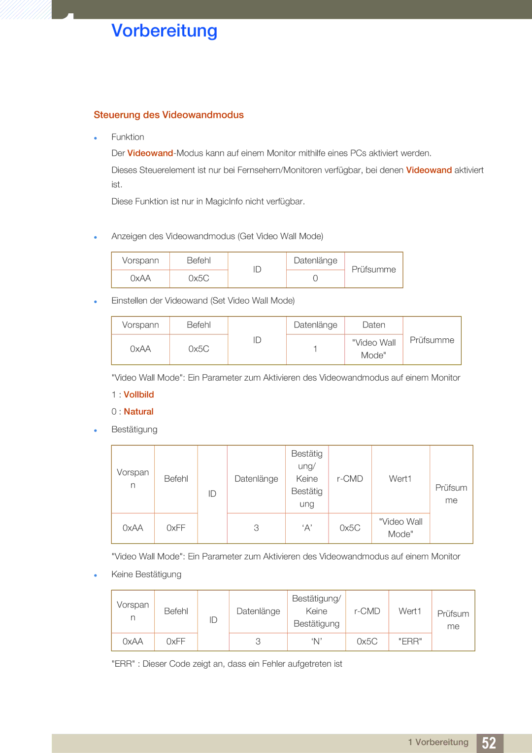 Samsung LH40MEBPLGC/EN, LH55UEPLGC/ZA, LH55UEAPLGC/EN, LH46UEPLGC/EN manual Steuerung des Videowandmodus, Vollbild Natural 