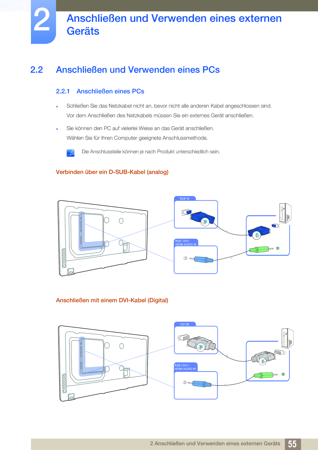 Samsung LH55UEAPLGC/EN Anschließen und Verwenden eines PCs, Anschließen eines PCs, Verbinden über ein D-SUB-Kabel analog 