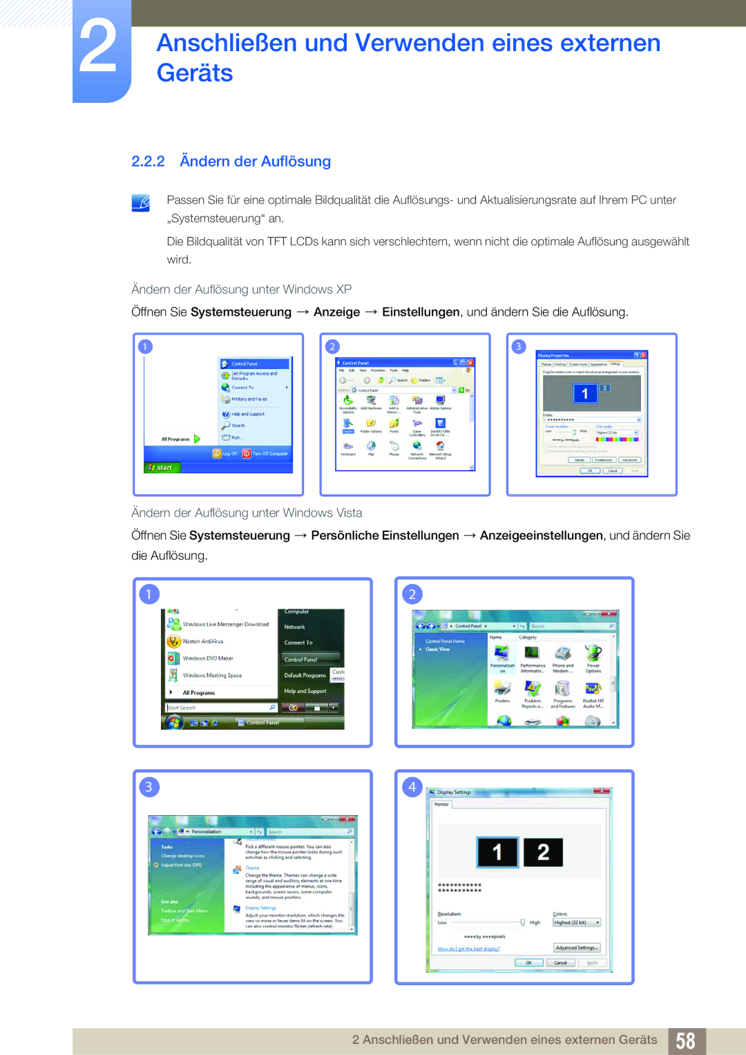 Samsung LH55UEPLGC/EN, LH55UEPLGC/ZA, LH55UEAPLGC/EN manual 2 Ändern der Auflösung, Ändern der Auflösung unter Windows XP 