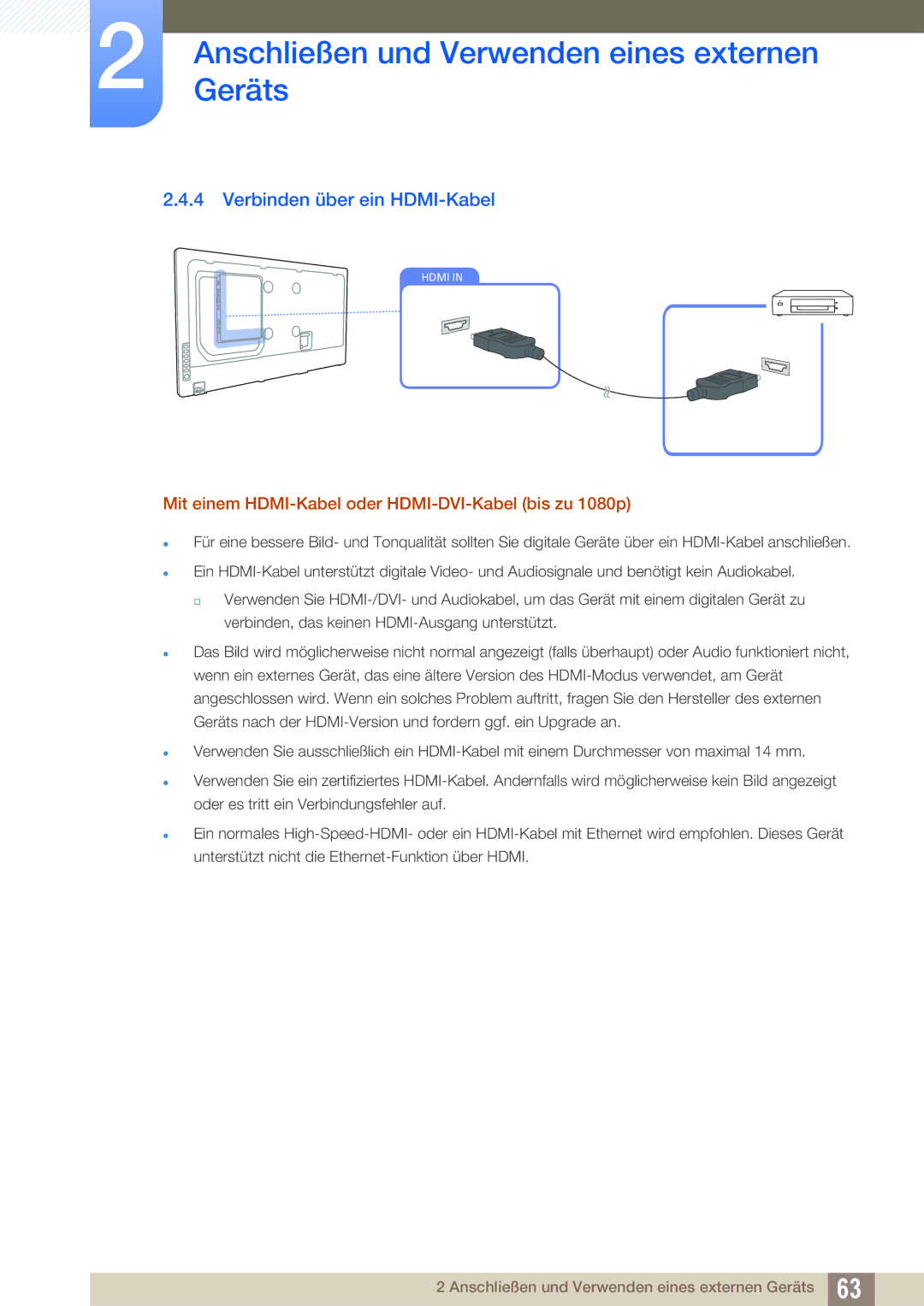 Samsung LH55UEPLGC/ZA, LH55UEAPLGC/EN Verbinden über ein HDMI-Kabel, Mit einem HDMI-Kabel oder HDMI-DVI-Kabel bis zu 1080p 