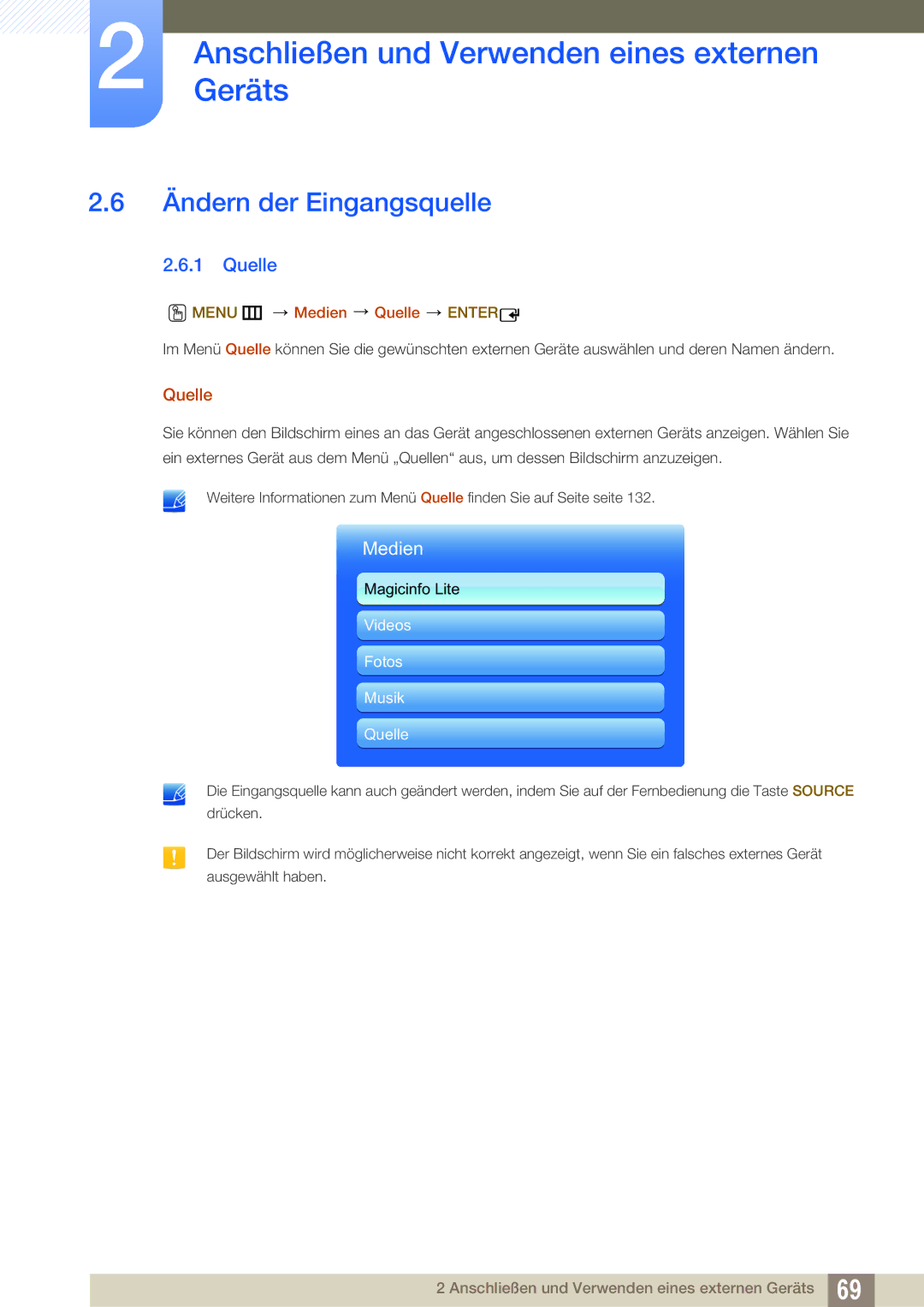Samsung LH46MEBPLGC/EN, LH55UEPLGC/ZA, LH55UEAPLGC/EN manual Ändern der Eingangsquelle, Menu m Medien Quelle Enter 