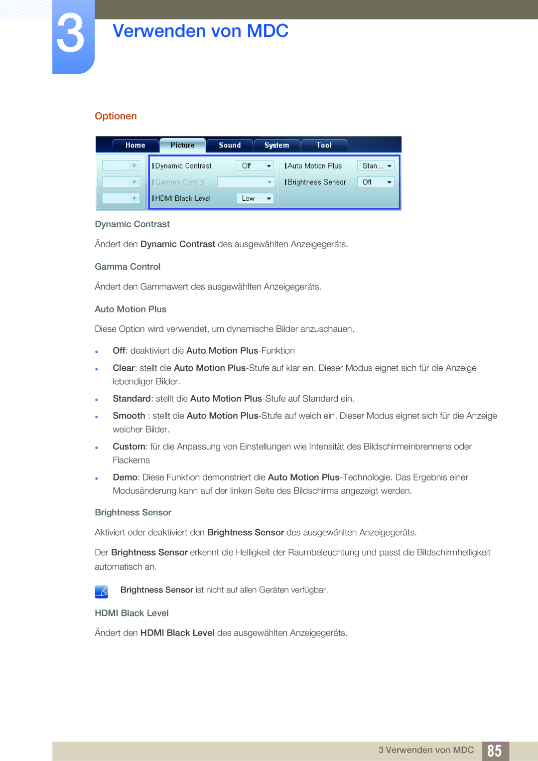 Samsung LH55UEPLGC/EN, LH55UEPLGC/ZA, LH55UEAPLGC/EN manual Optionen, Dynamic Contrast, Brightness Sensor, Hdmi Black Level 