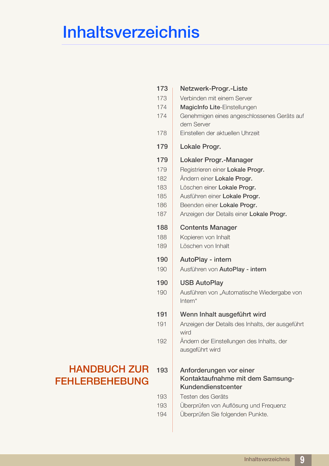 Samsung LH55UEPLGC/ZA, LH55UEAPLGC/EN, LH46UEPLGC/EN, LH55MEBPLGC/EN, LH55UEPLGC/EN manual Handbuch ZUR 193 Fehlerbehebung 