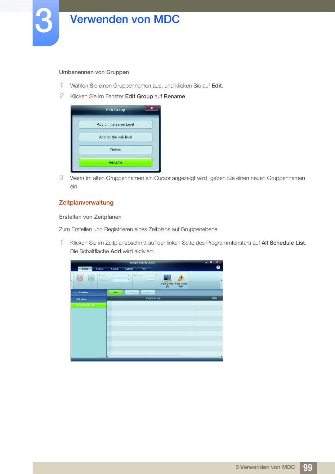 Samsung LH55UEPLGC/ZA, LH55UEAPLGC/EN, LH46UEPLGC/EN Zeitplanverwaltung, Umbenennen von Gruppen, Erstellen von Zeitplänen 