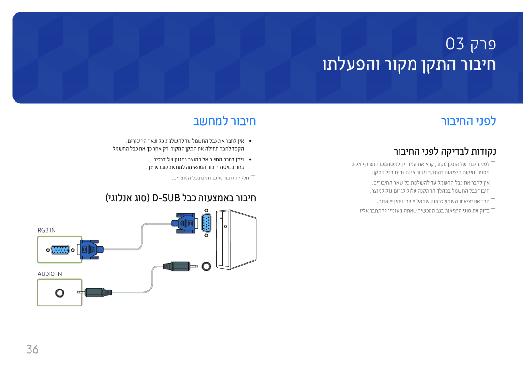 Samsung LH55UHFHLBB/CH manual ותלעפהו רוקמ ןקתה רוביח, בשחמל רוביח, רוביחה ינפל, יגולנא גוס D-Sub לבכ תועצמאב רוביח 