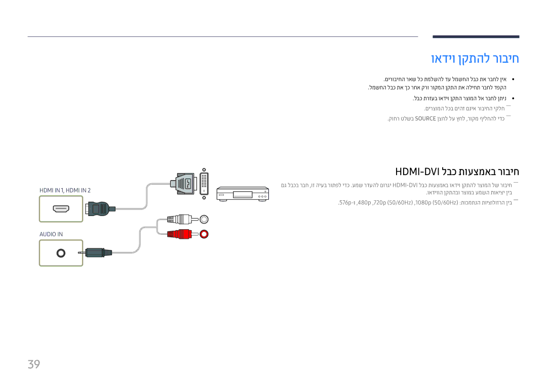 Samsung LH55UHFHLBB/CH manual ואדיו ןקתהל רוביח, לבכ תרזעב ואדיו ןקתה רצומה לא רבחל ןתינ 