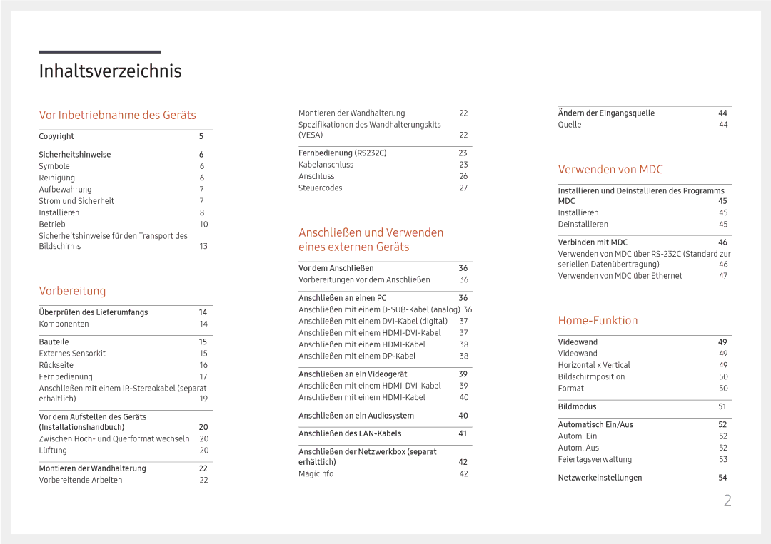 Samsung LH55UHFHLBB/EN manual Inhaltsverzeichnis 