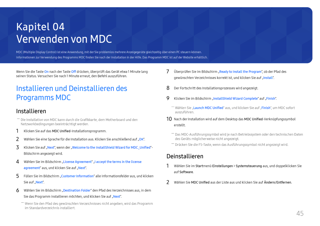 Samsung LH55UHFHLBB/EN manual Verwenden von MDC, Installieren und Deinstallieren des Programms MDC, Auf Software 