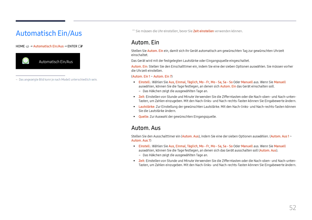 Samsung LH55UHFHLBB/EN manual Autom. Aus, Home → Automatisch Ein/Aus → Enter E, Autom. Ein 1 ~ Autom. Ein 