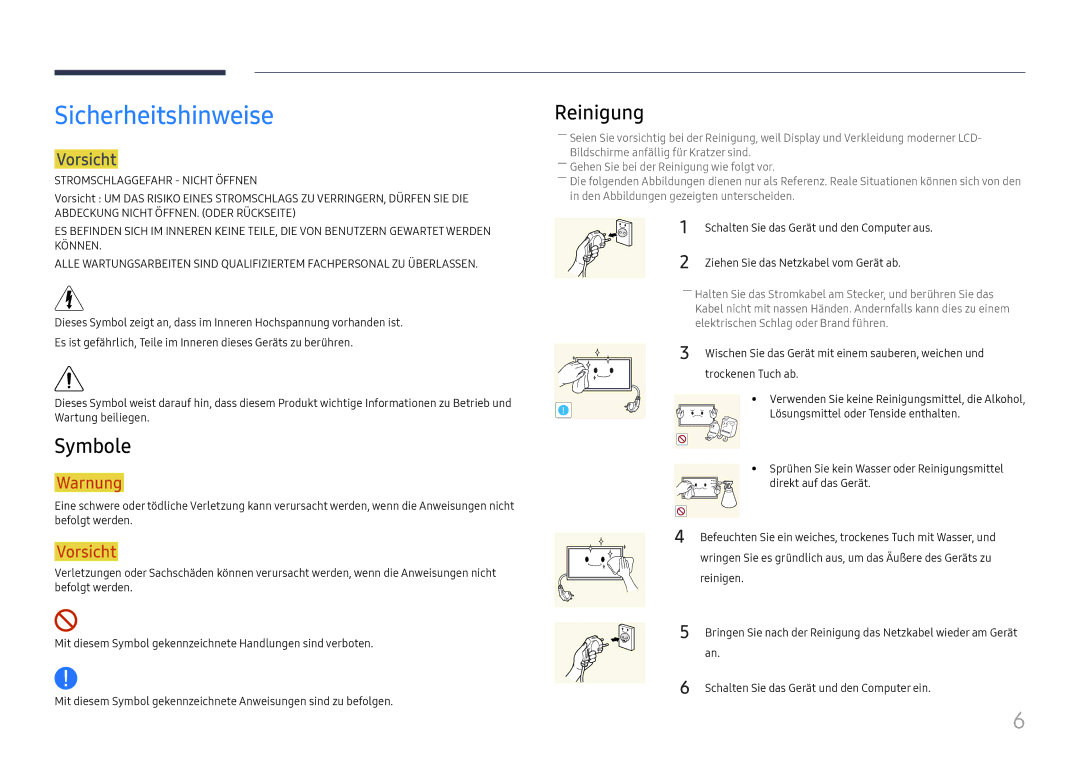 Samsung LH55UHFHLBB/EN manual Sicherheitshinweise, Symbole, Reinigung, Vorsicht 