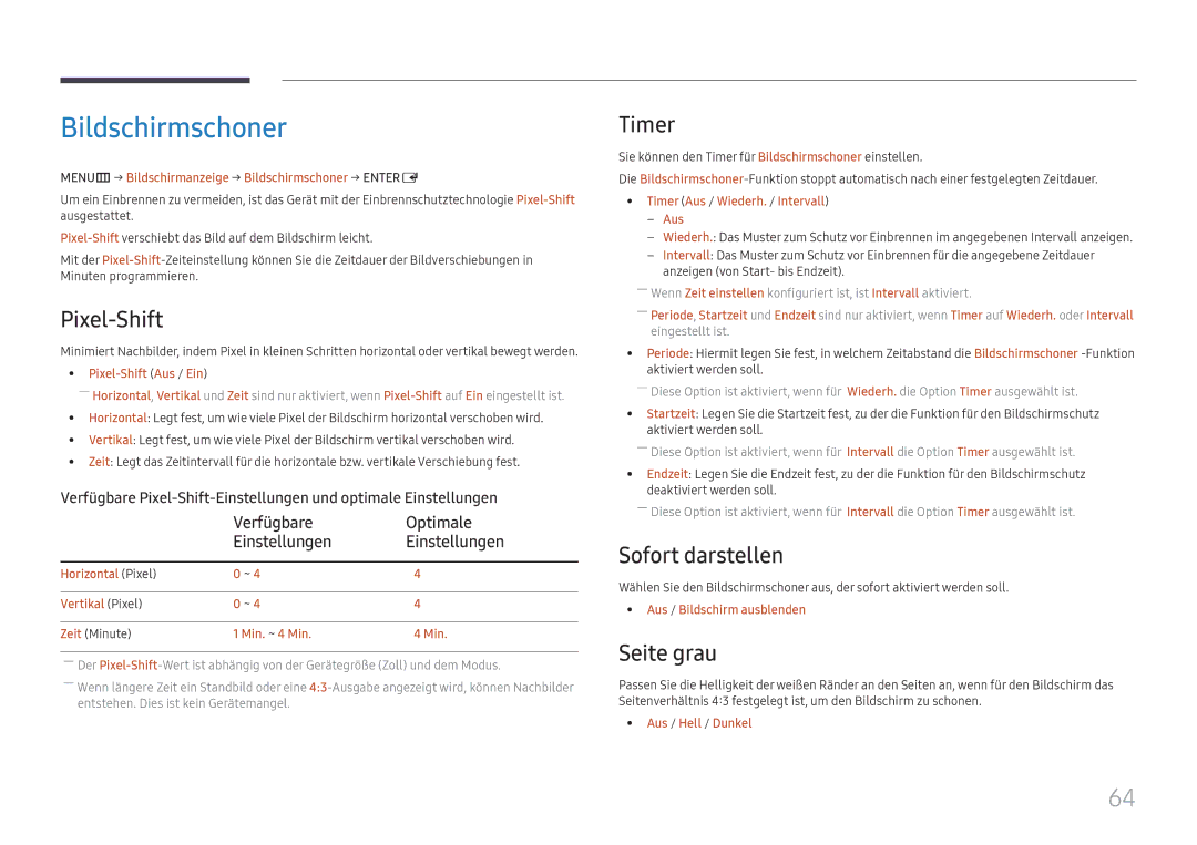 Samsung LH55UHFHLBB/EN manual Bildschirmschoner, Pixel-Shift, Timer, Sofort darstellen, Seite grau 