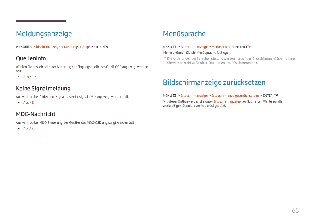 Samsung LH55UHFHLBB/EN manual Meldungsanzeige, Menüsprache, Bildschirmanzeige zurücksetzen 