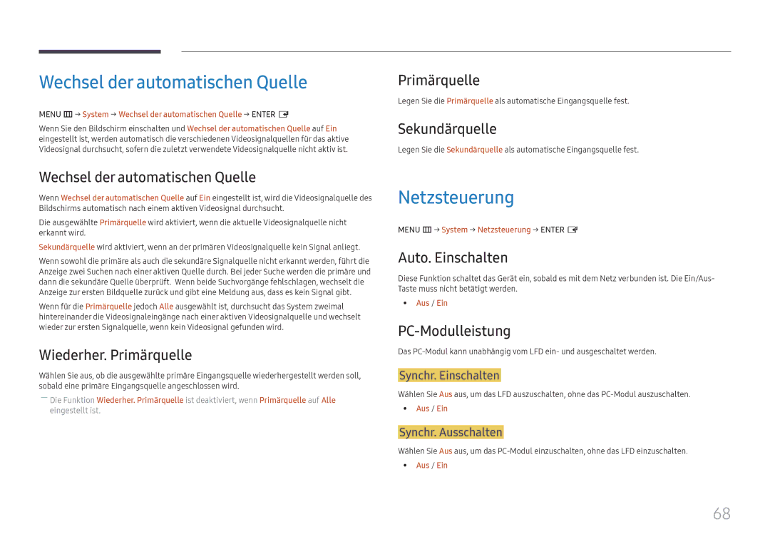 Samsung LH55UHFHLBB/EN manual Wechsel der automatischen Quelle, Netzsteuerung 