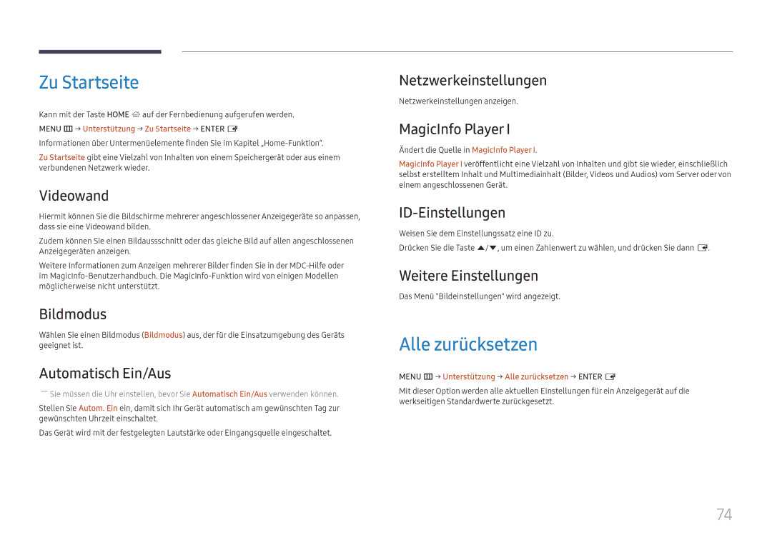 Samsung LH55UHFHLBB/EN manual Zu Startseite, Alle zurücksetzen 