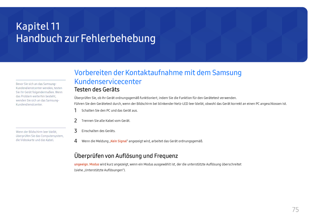 Samsung LH55UHFHLBB/EN manual Handbuch zur Fehlerbehebung, Testen des Geräts, Überprüfen von Auflösung und Frequenz 