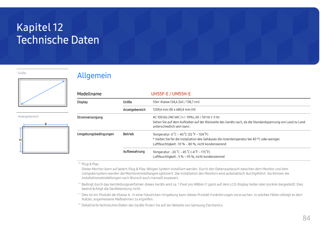 Samsung LH55UHFHLBB/EN Technische Daten, Display Größe, Anzeigebereich, Stromversorgung, Umgebungsbedingungen Betrieb 