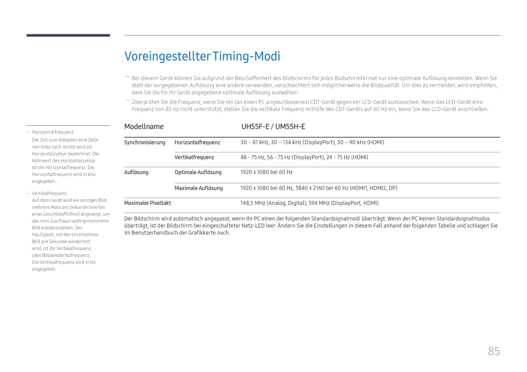 Samsung LH55UHFHLBB/EN manual Voreingestellter Timing-Modi, Modellname UH55F-E / UM55H-E 