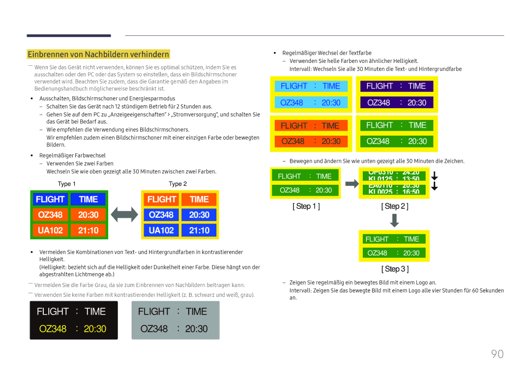 Samsung LH55UHFHLBB/EN manual Flight Time, Einbrennen von Nachbildern verhindern 