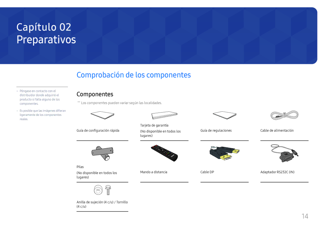 Samsung LH55UHFHLBB/EN manual Preparativos, Comprobación de los componentes, Componentes 