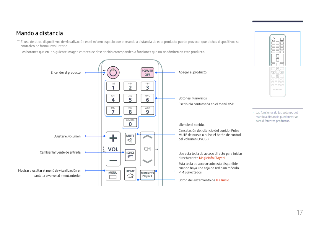 Samsung LH55UHFHLBB/EN manual Mando a distancia, Encender el producto Ajustar el volumen 