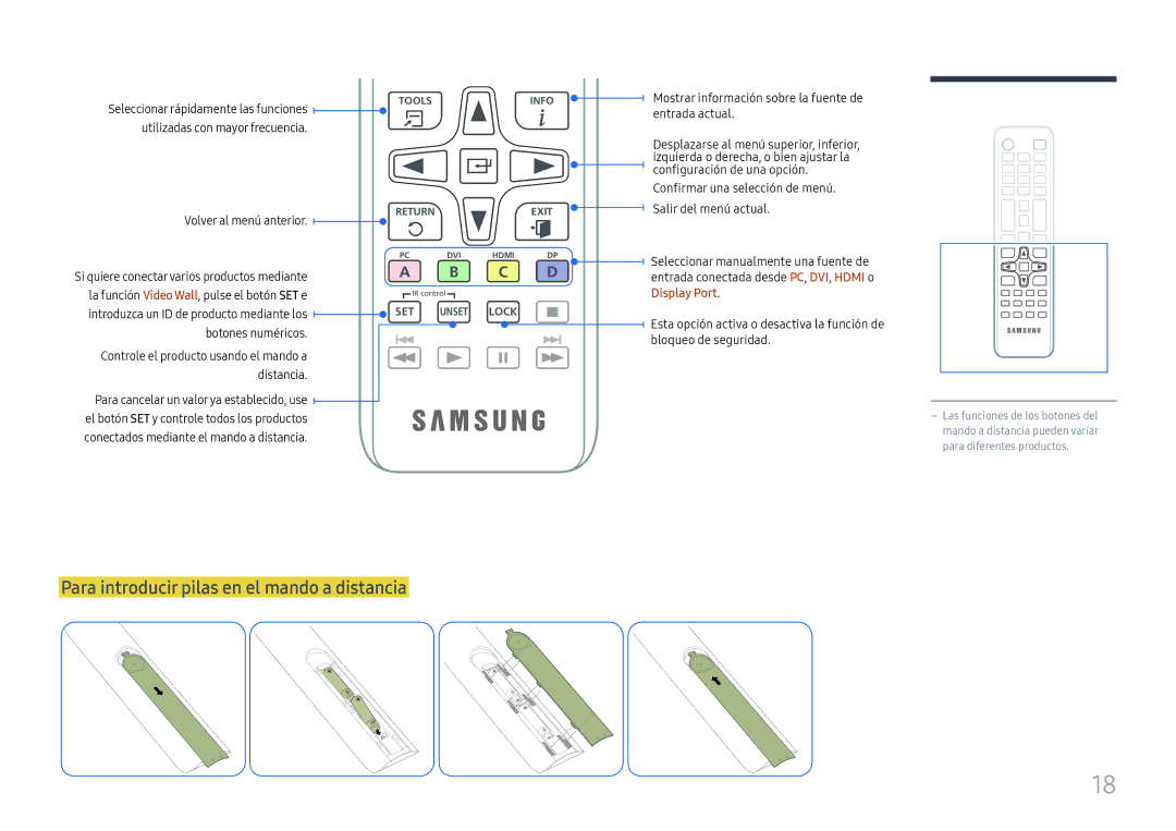 Samsung LH55UHFHLBB/EN manual Para introducir pilas en el mando a distancia, Volver al menú anterior 