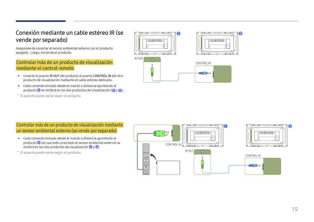 Samsung LH55UHFHLBB/EN manual Conexión mediante un cable estéreo IR se vende por separado 