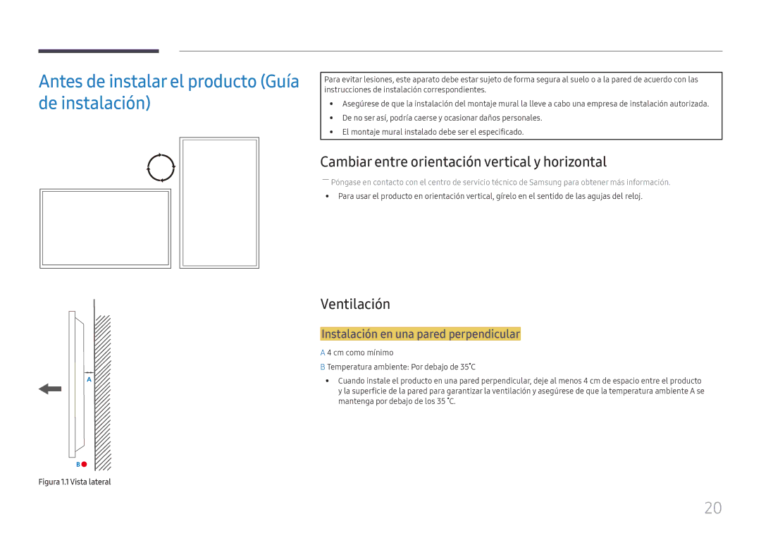 Samsung LH55UHFHLBB/EN Antes de instalar el producto Guía de instalación, Cambiar entre orientación vertical y horizontal 