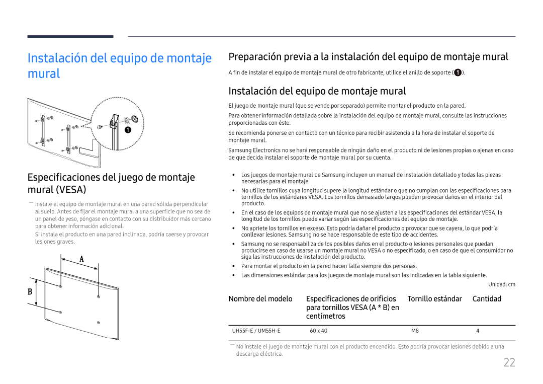 Samsung LH55UHFHLBB/EN manual Instalación del equipo de montaje mural, Especificaciones del juego de montaje mural Vesa 