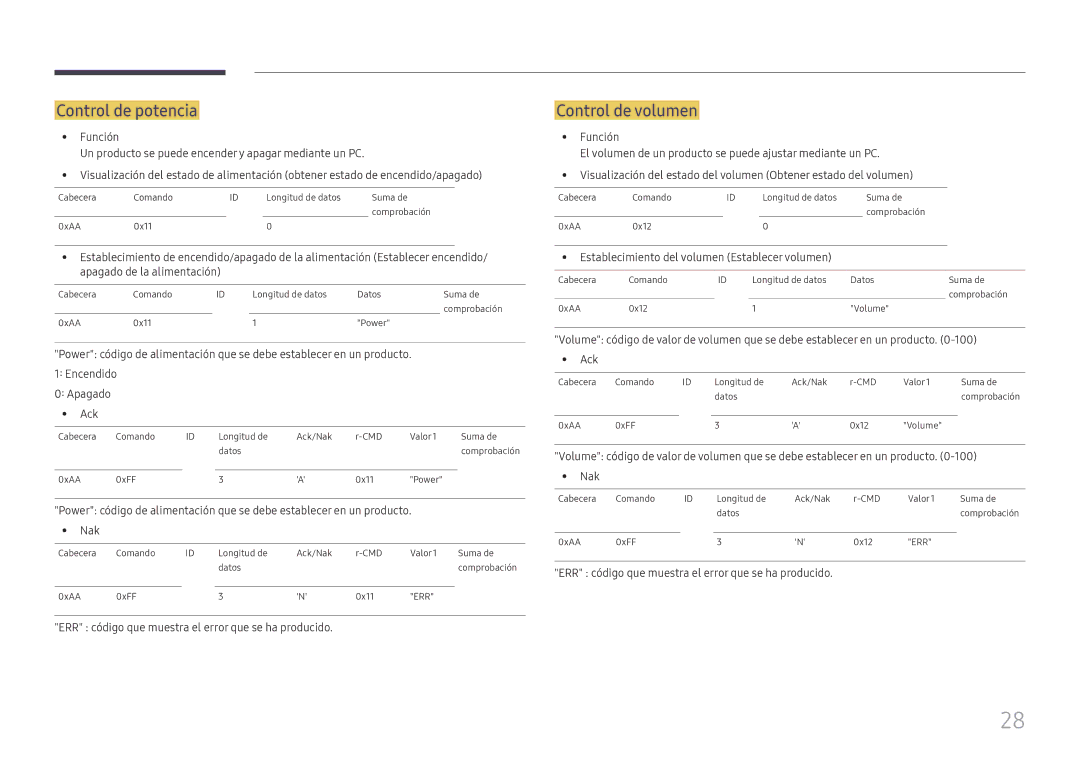 Samsung LH55UHFHLBB/EN manual Control de potencia, Control de volumen, ERR código que muestra el error que se ha producido 