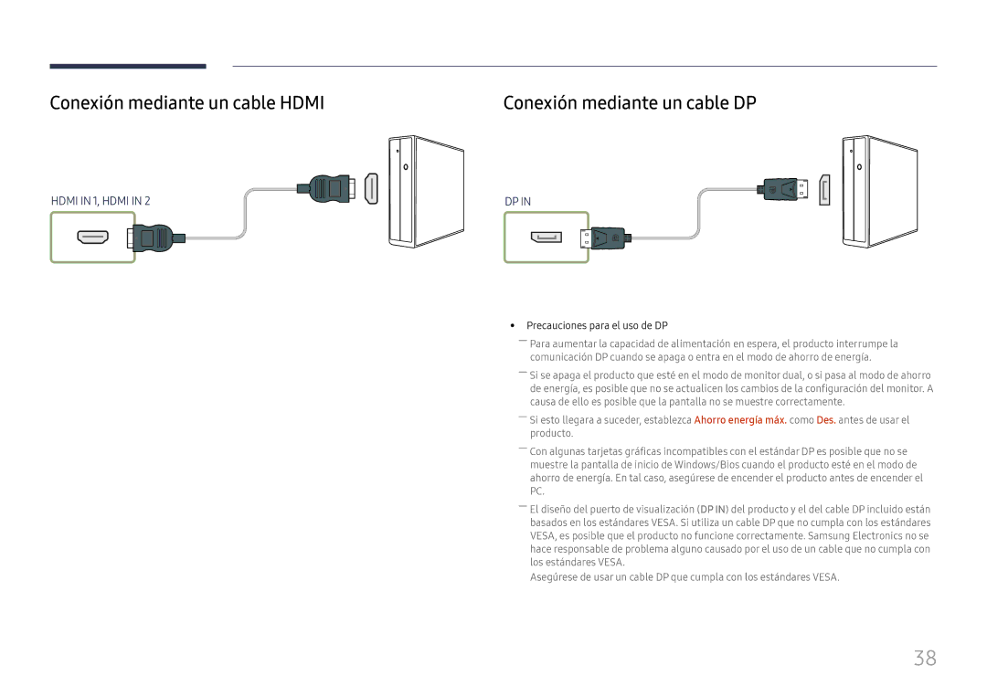 Samsung LH55UHFHLBB/EN Conexión mediante un cable Hdmi, Conexión mediante un cable DP, Precauciones para el uso de DP 