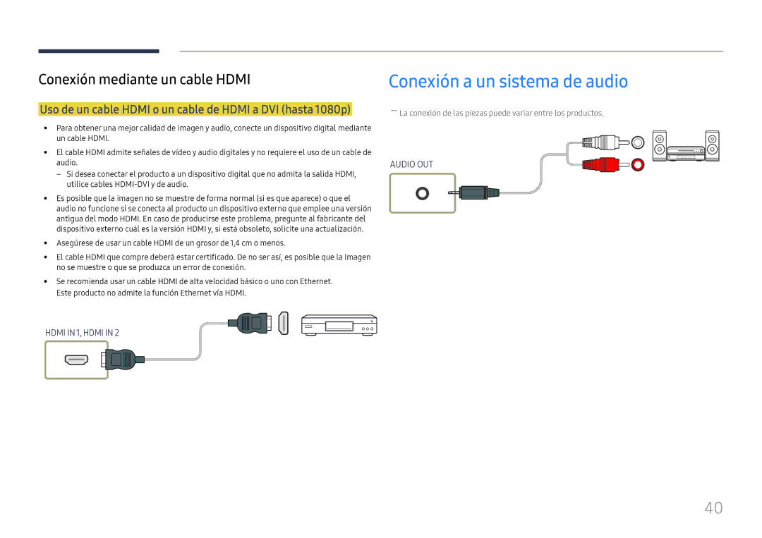 Samsung LH55UHFHLBB/EN manual Conexión a un sistema de audio, Uso de un cable Hdmi o un cable de Hdmi a DVI hasta 1080p 